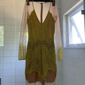 For  love & lemons antigua beige & chartreuse lace mini dress- XS